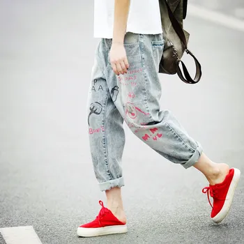 

Harajuku Vintage Elastic Waist Denim Cotton Ripped Boyfriend Taille Haute Jeans Print Graffiti Harem Cowboy Pants Women Trousers