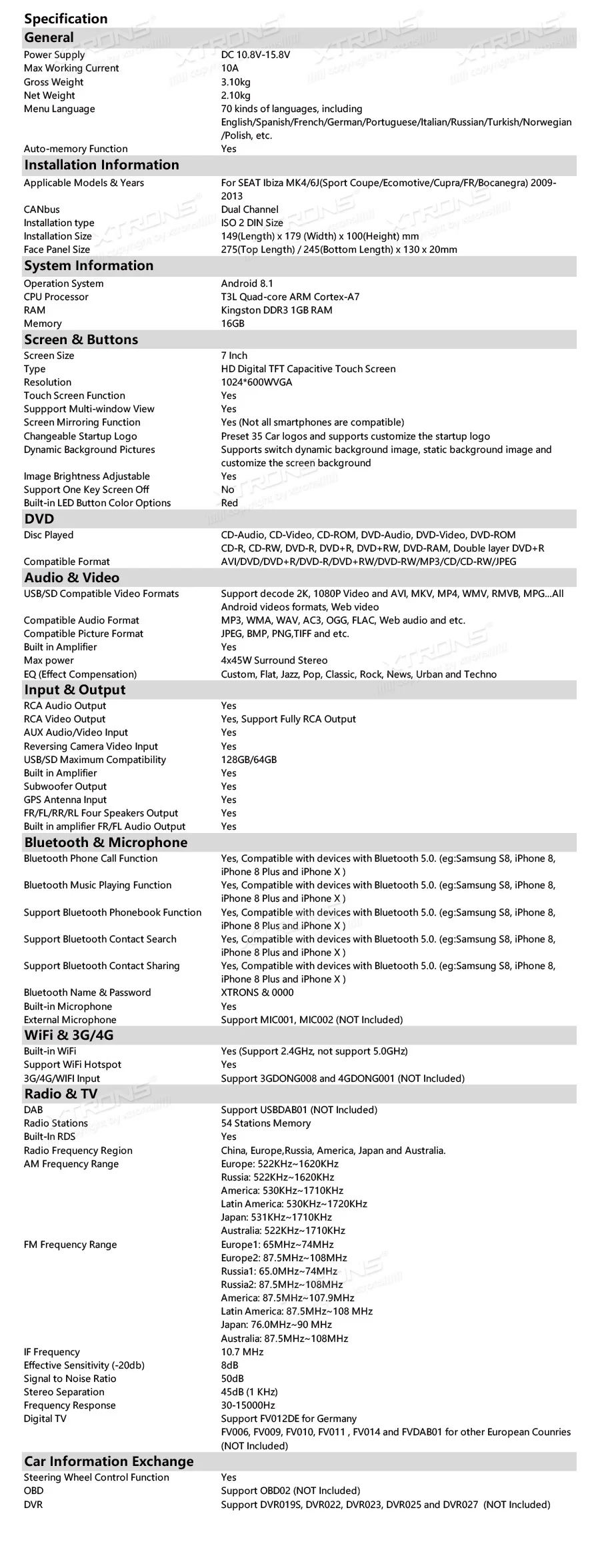 Top XTRONS 7" Android 8.1 Quad Core 16GB ROM car Multimedia System DVD Player GPS Navigation for Seat Ibiza MK4/6J 2009-2013 RCA 23