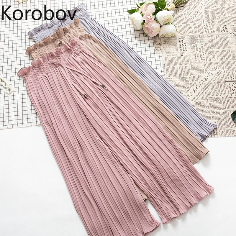 

Korobov Summer Loose Casual Women Wide Leg Pants Korean Solid Lacing Ruffles Trousers High Waist Chiffon Joggers Pants 77903