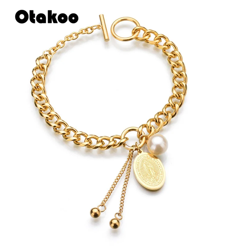 

Otakoo Religious Gold Color Virgin Mary Bracelet Stainless Steel Charm Catholic Bracelets for Women Jewelry Gift for Mother