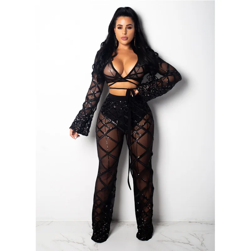 

black glitter bodycon sexy see through sequin two piece set two piece set top and pants long sleeve fashion women suits cropped