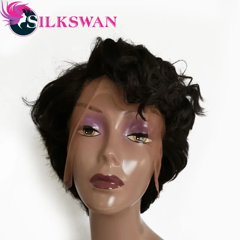 Парики из натуральных волос на кружевной основе Silkswan с короткой окантовкой, 150 плотность, индивидуальные парики, боковая часть для черных женщин