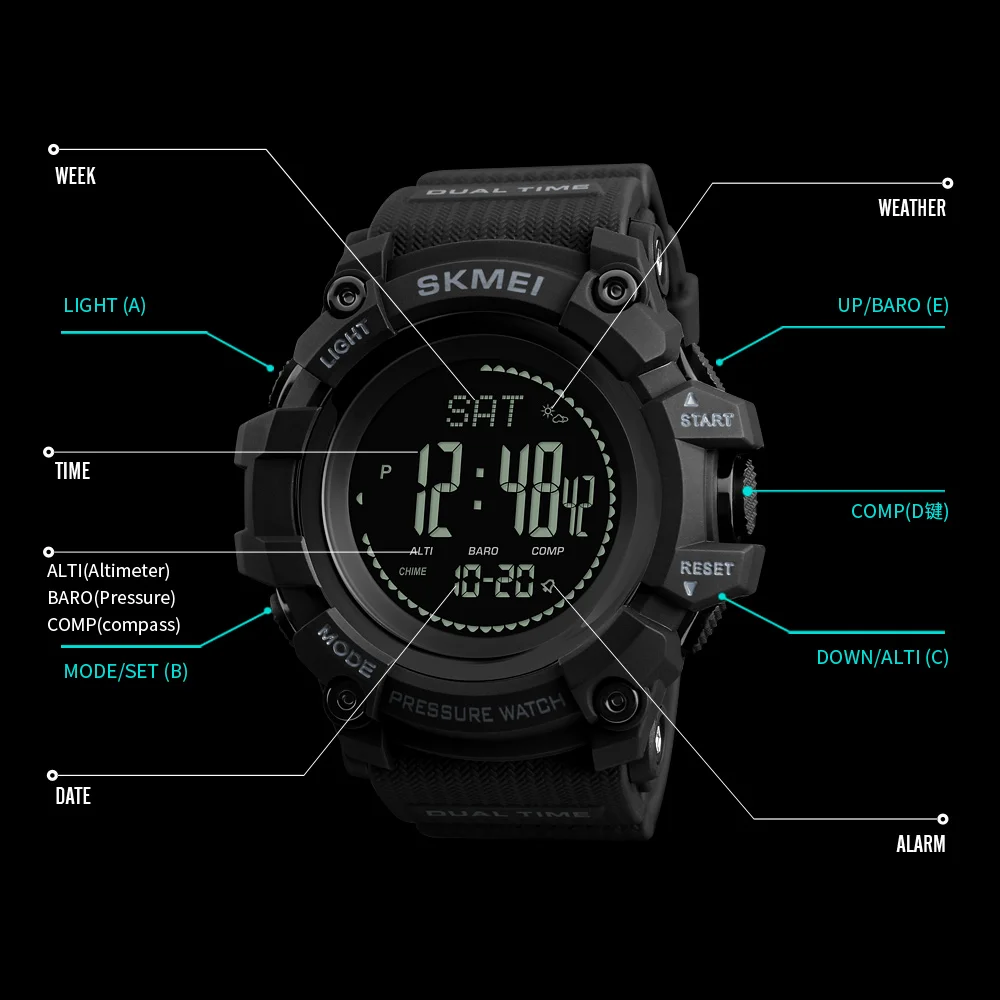 SKMEI Brand Mens Sports Watches Hours Pedometer Calories Digital Watch Altimeter Barometer Compass Thermometer Weather Men Watch