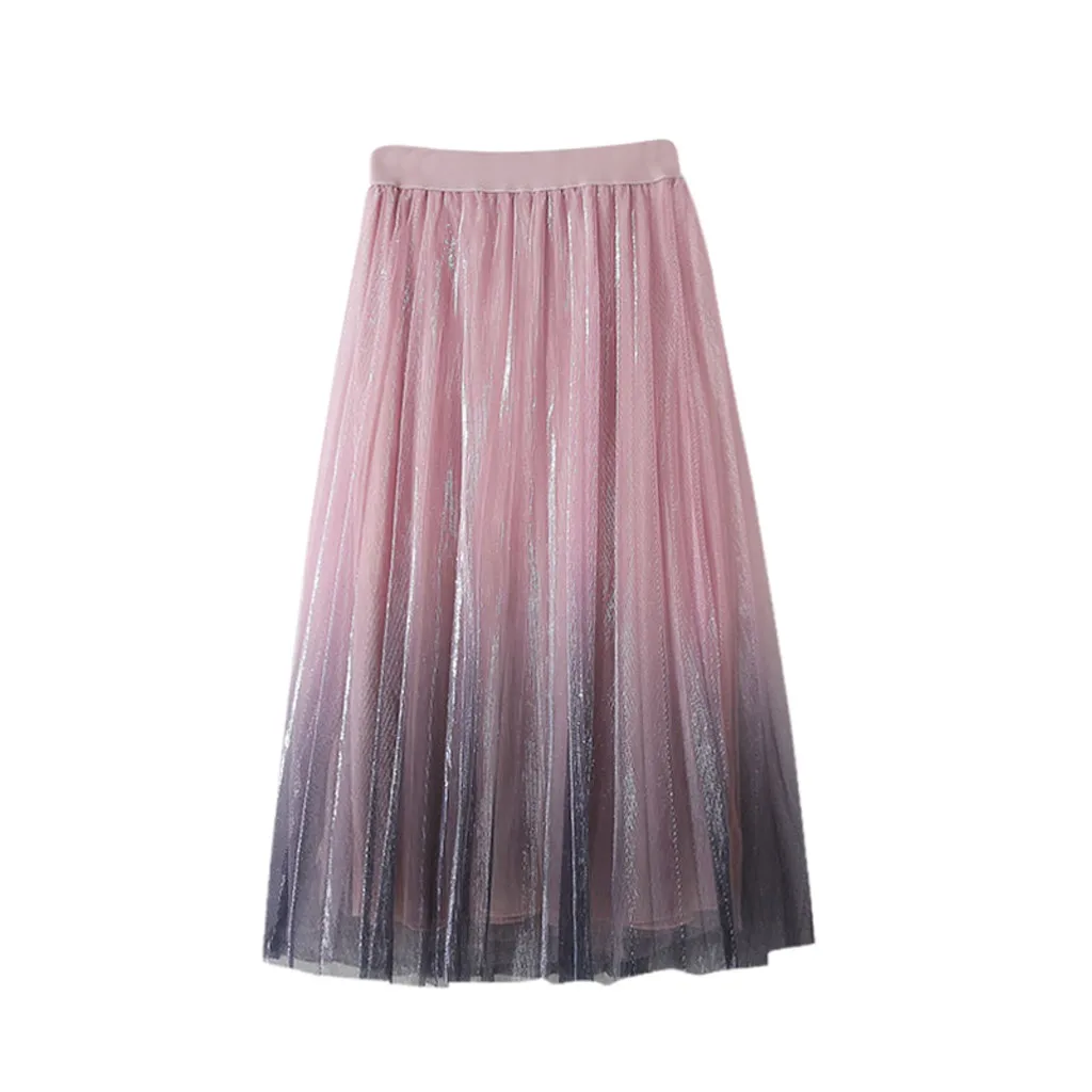 Women's long tulle reflective mesh skirt in the long paragraph A word bright silk pleated skirt Princess sweet skirt юбка 40 - Color: Color as shown