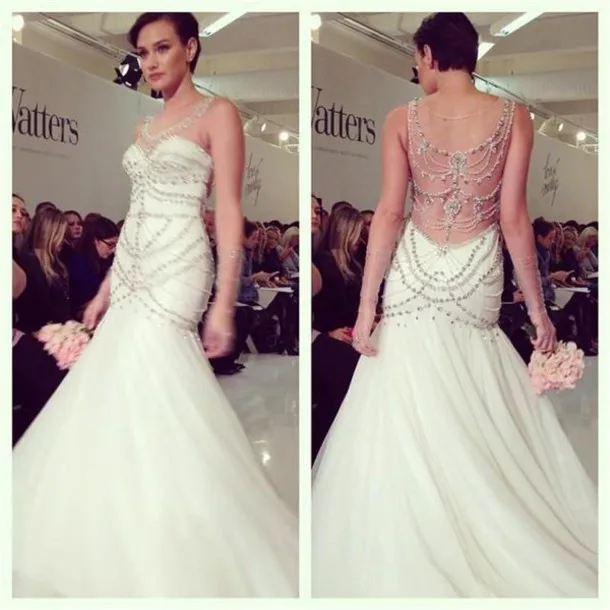 Luxury Full Beads Mermaid Scoop Neck Wedding Dress Custom Made Floor Luxury Full Beads Mermaid Scoop Neck Wedding Dress Custom Made Floor Length Sheer Back Crystal