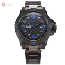 Shark Army Blue Auto Date Calendar Display Stainless Steel Band Analog Quartz Military Male Clock Men