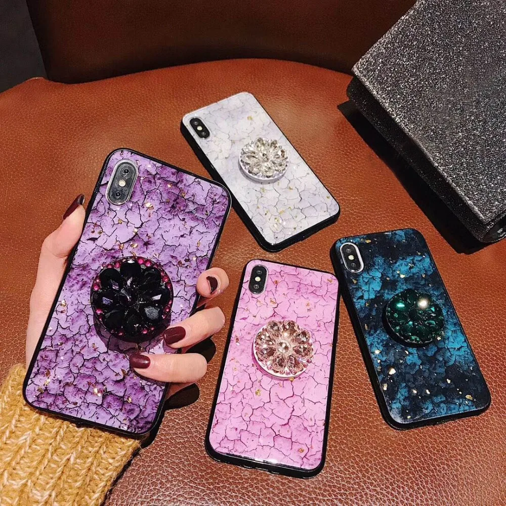

Luxury Marble Fur Ball Hand Strap with Jewelled Bracket Phone Cover Cases for Iphone X Xs Max Xr 6 6S 7 8 Plus 6Plus Cases Coque