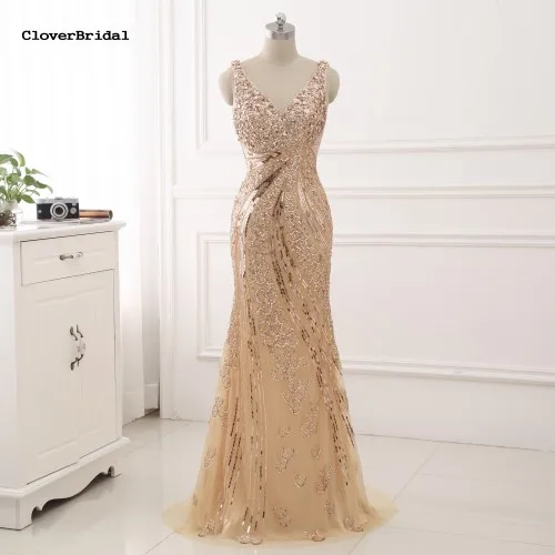 Cloverbridal Высокое качество Шампанское Luxo Sereia глубоким v-образным вырезом frisada Vestido де Деста formatura Para Casamento Vestido - Цвет: champagne