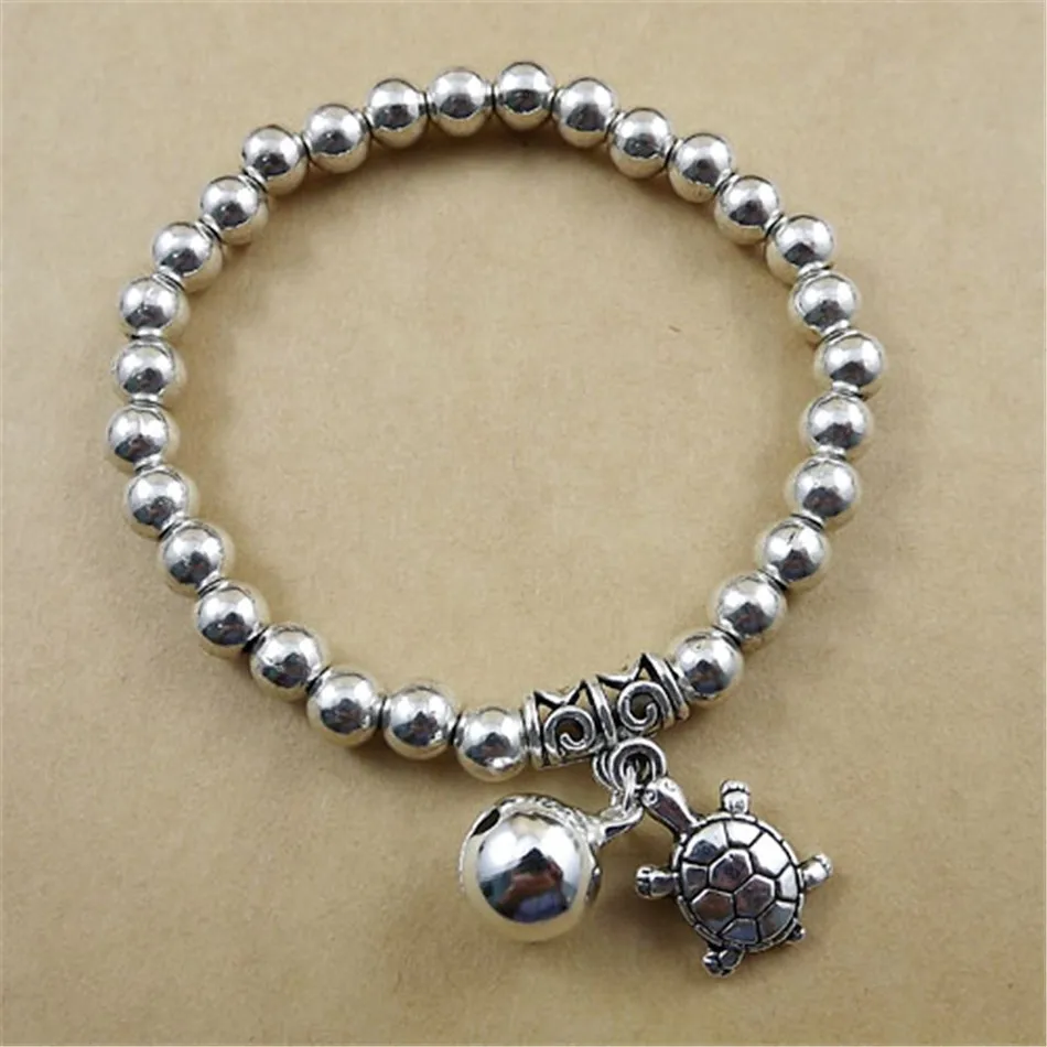 Модный тибетский серебряный женский эластичный браслет из бисера браслет Милая Черепаха подвеска-колокольчик цепочка