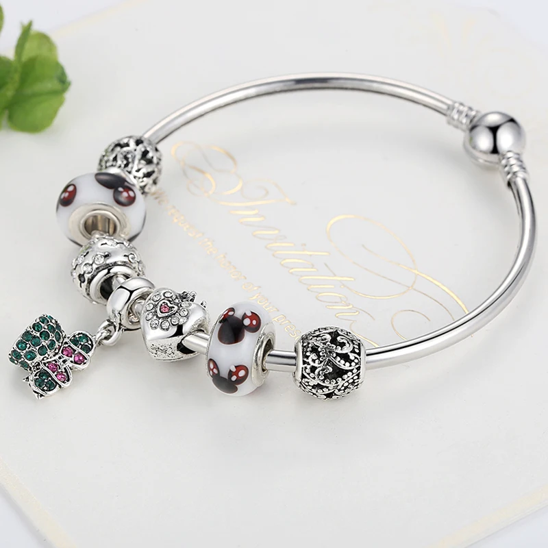ELESHE Silver Strand Bracelet Lovely Minnie Pendant Bracelets Bangle Jewelry DIY Murano Glass Beads Charm Bracelet for Women