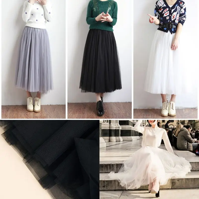 

Women Adult Ice Silk Lining Three Layer Tulle Skirt Solid Color Pleated Princess Maxi A-Line Overlay Flare Bouffant 3 Colors
