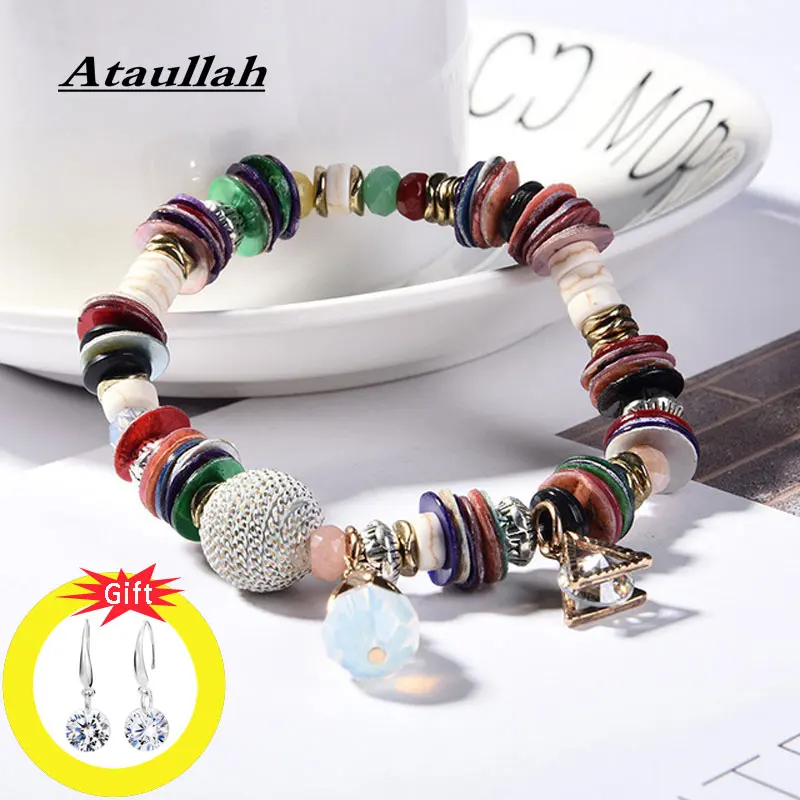 Ataullah Bohemia Natural Stone Crystal Chram Bracelet Shell Bracelets Beads Bangles Handmade Jewelry Gift for Woman BW007NS2 | Украшения и