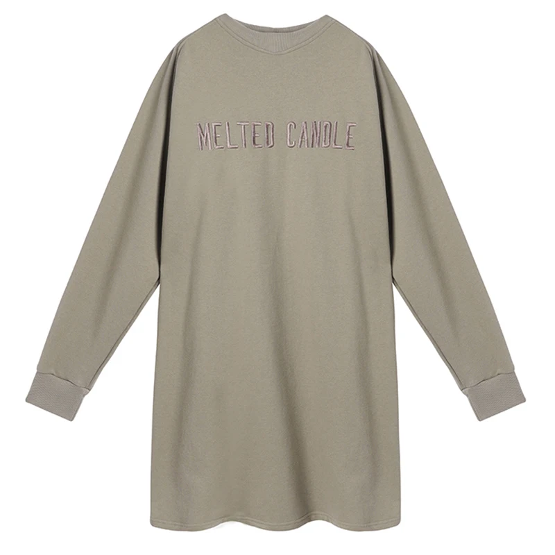 

PERHAPS U Black Camel Letter Embroidery O Neck Long Sleeve Loose Straight Pullover Sweatshirts Mini Dress Fall Winter D1817