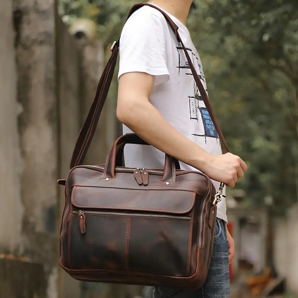 

Tiding Crazy horse leather men's business briefcase 16 inch computer bag top layer cowhide multi-layer handbag dark brown 1305