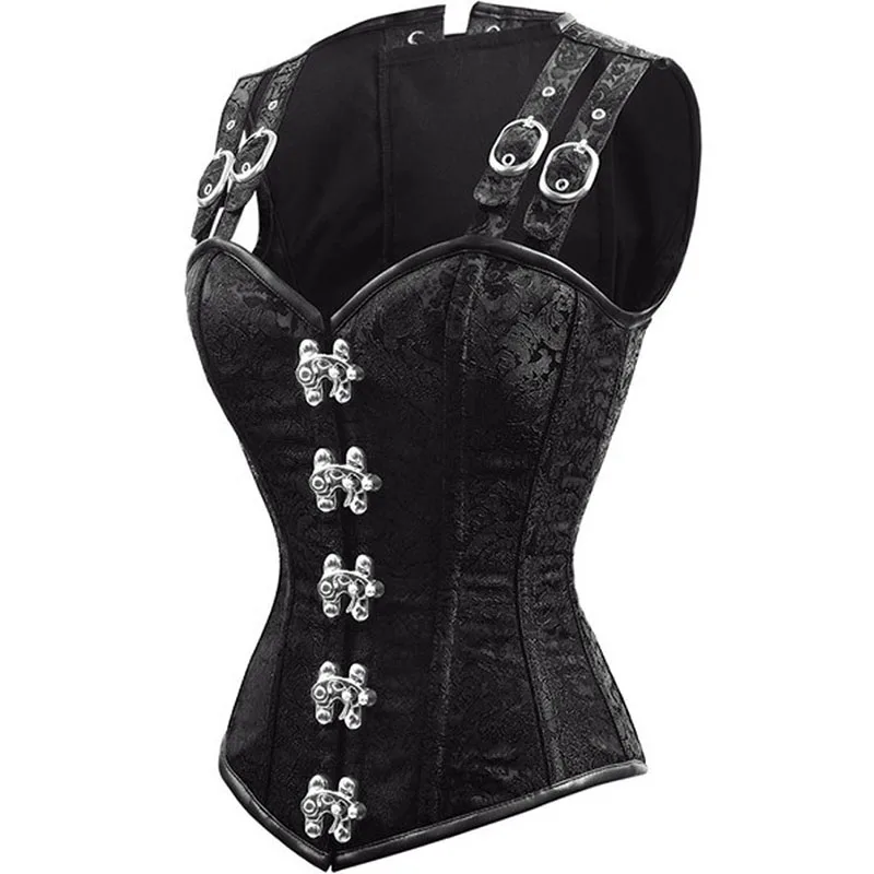 Steampunk Corsets and Bustiers Wine Red Sexy Brocade Adjustable Buckle Straps Vest Gothic Waist Corset 12 Steel Boned Corpet (4)