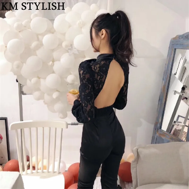 Australian Tide Brand 2018 Fall Winter New Sexy Deep V-neck Lace Bow Halter Tights Small Feet Slim Black Jumpsuit
