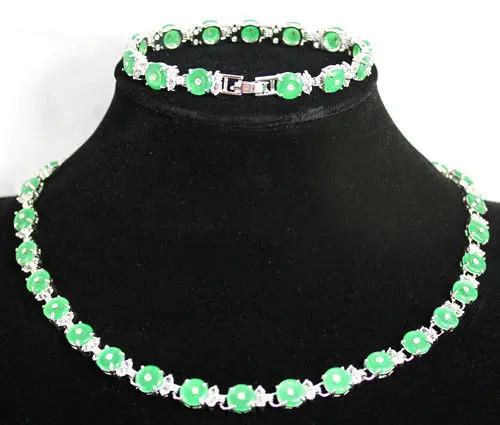

hot sell new New Design Green Round Coin Silver Plated Bracelet & Necklace Jewelry Set