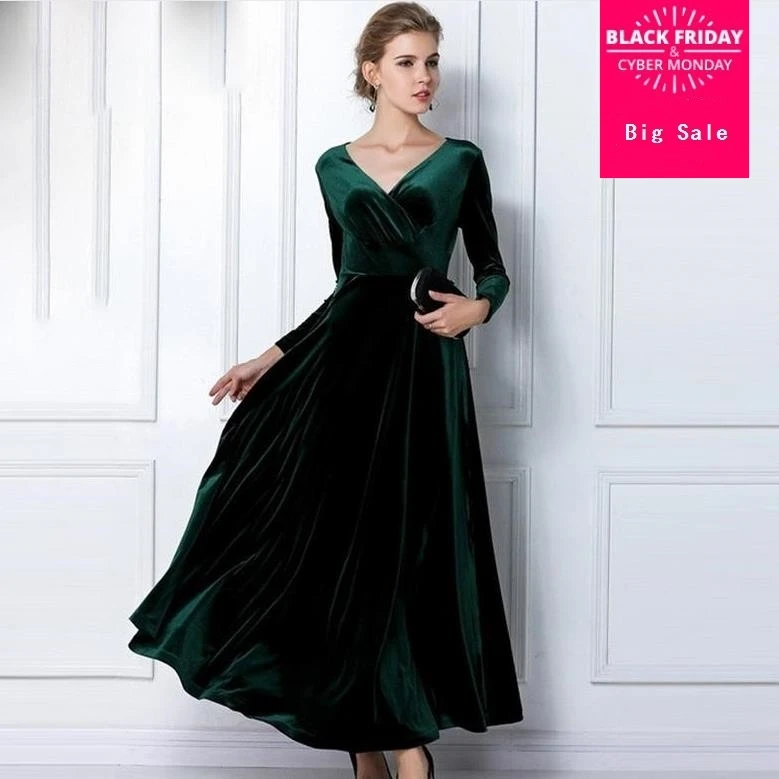 

Hot Sales 2018 Spring Autumn Sexy Elegant Lady Velvet Warm Maxi Dress Women Long Sleeve Deep V Ankle Length Dress w282