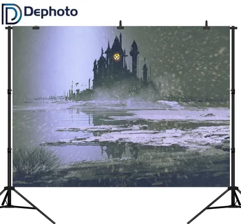 

Dephoto Photography Background terror Snowy night lake Castle Halloween theme Backdrop professional photo studio