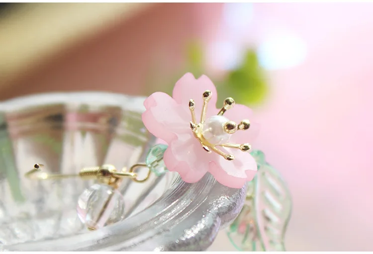 7,7 см длинные японские акриловые Романтический Сакура серьги Сладкий Белый Кристалл розовый цветок зеленый лист Висячие серьги для женщин леди