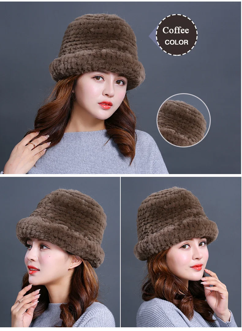 Luxury Natural Fur hats Fur Bucket Hat Russian Real Rex Rabbit Fur Hat Female Solid Women's Winter Cap Ladies (25)