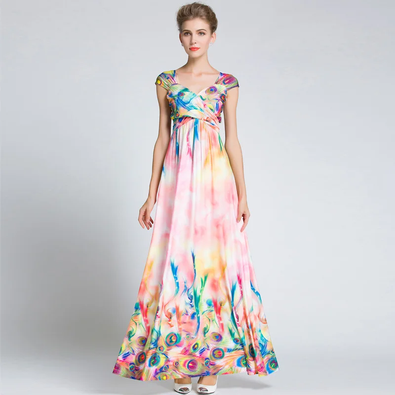 Summer Peacock Tail Cap Sleeve Holiday Beach Summer Long Maxi Dress