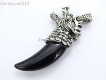 Natural Black Onyx Gems stones Claw Paw Tibetan Silver Carved Dragon Head Pendant Beads for Jewelry Design 10Pcs/Pack