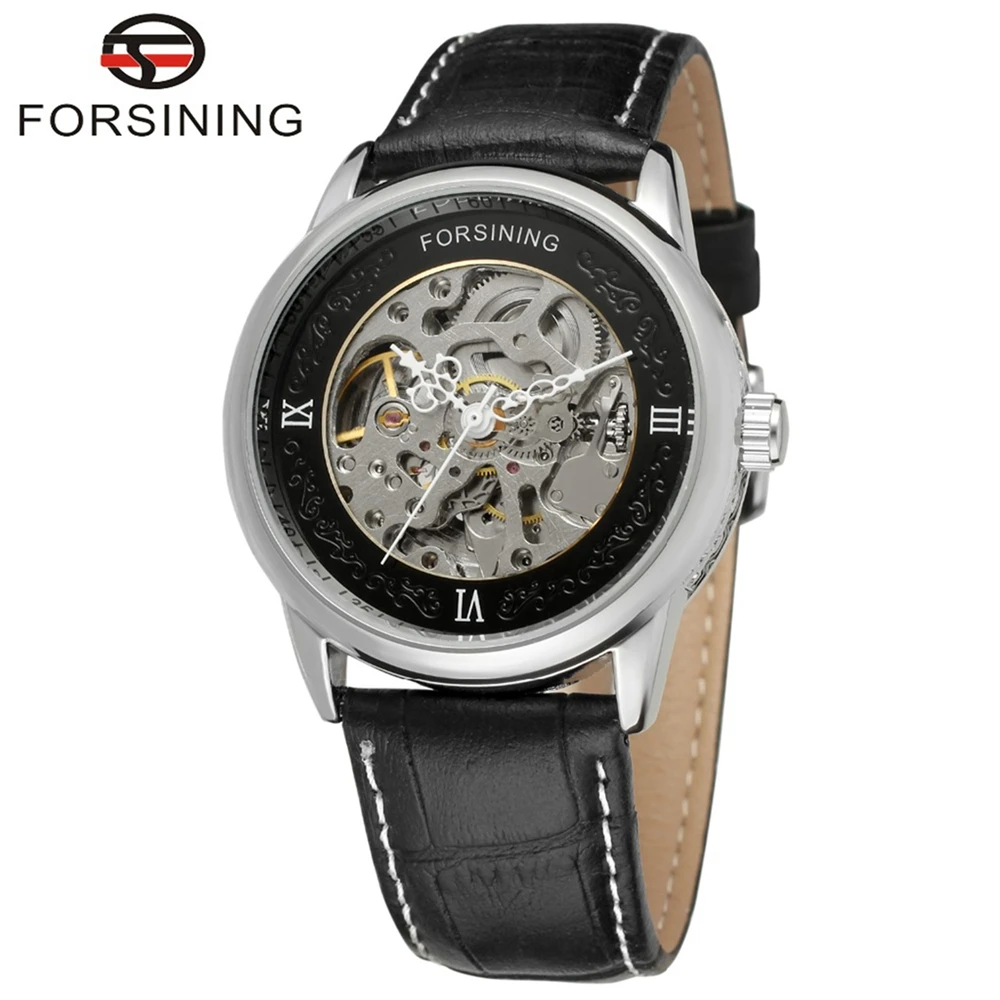

FORSINING Brand Mens Leather Strap Skeleton Automatic Self-Wind Mechanical Watch Simple Design Casual Wristwatch Relogio Releges