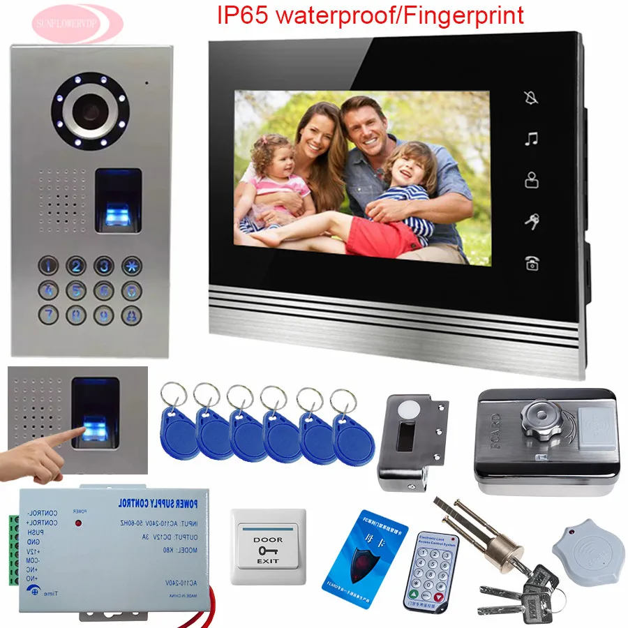 

SUNFLOWERVDP Wired Video Door Phone 7Inch TFT Color LCD Inner Door Bell Fingerprint/Code Unlock Touch Button Intercom Video Kit