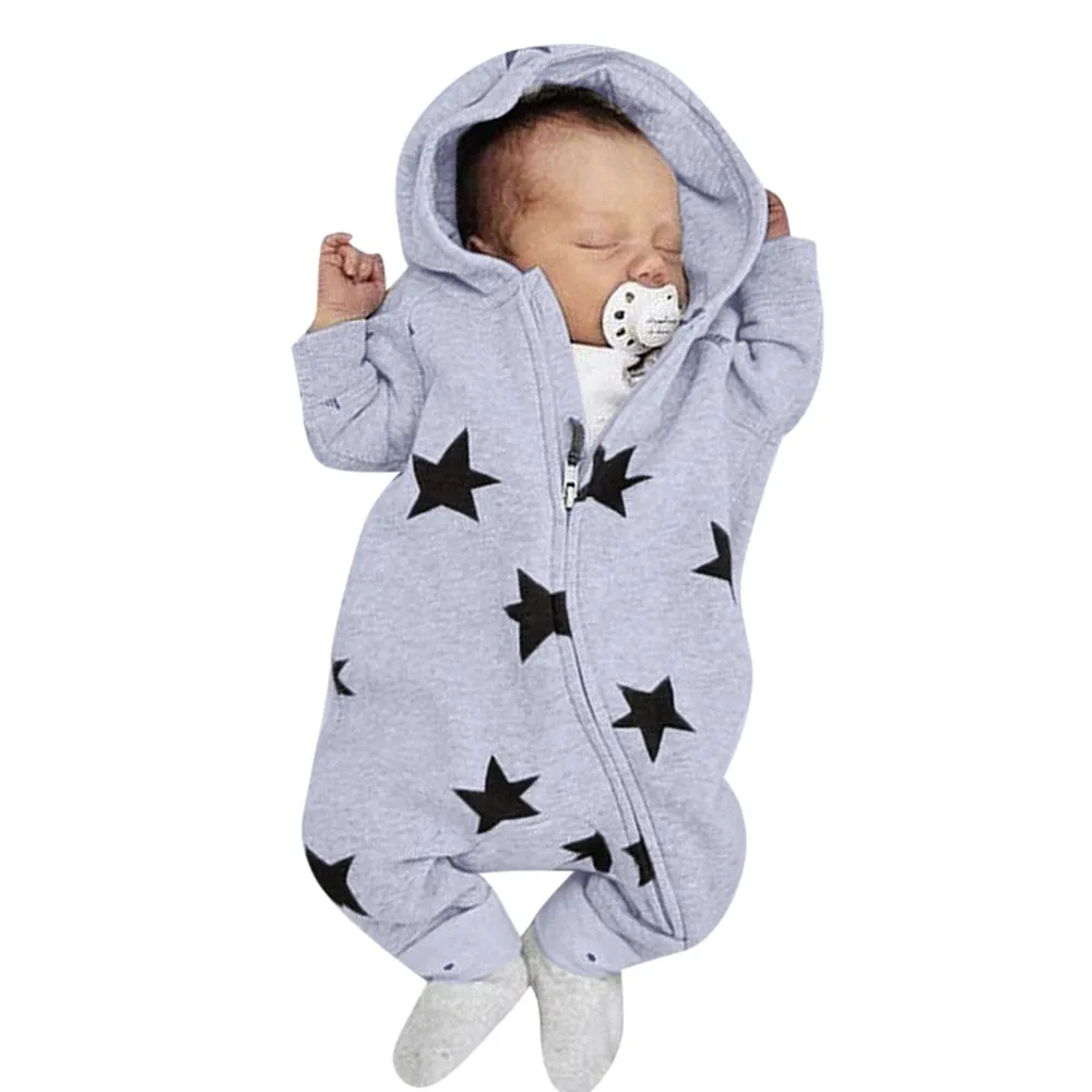 Комбинезон на молнии с капюшоном и принтом звезд для новорожденных мальчиков и девочек; комбинезоны; весенние брендовые новые модные комбинезоны для новорожденных - Цвет: Gray
