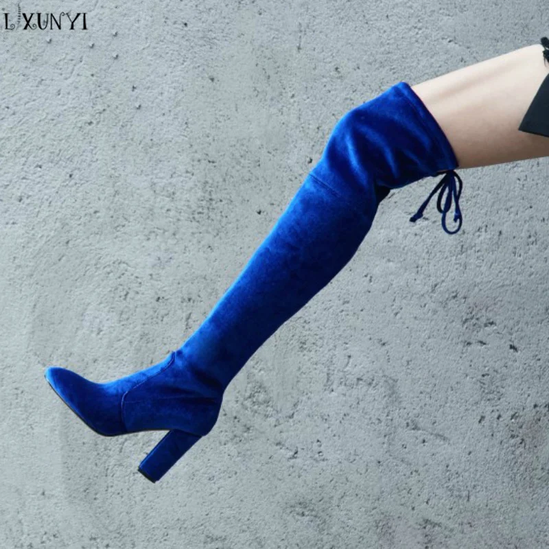 

LXUNYI Size 33-43 Blue Velvet Over The Knee Boots Plus Size Round Toe Slip on Chunky High Heels Elegant Winter Long Boots Female