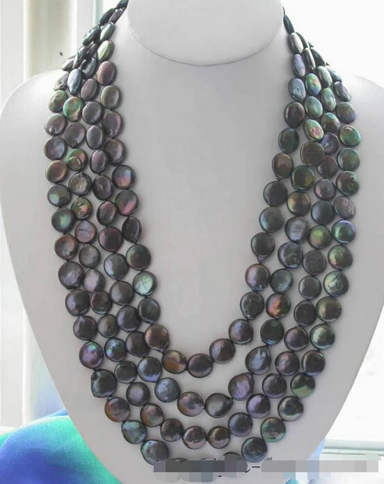 

shipping z2957 Charming 100" 14mm black coin freshwater pearl necklace