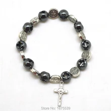 Святой Бенедикт браслет для человека специальный плоский круглый крест гематит из сплава металла