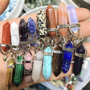 

Natural stone lapis Opal Pink Purple Crystal Hexagonal Column Pendant Necklaces Leather Chains Necklace Fashion Jewelry 10pcs