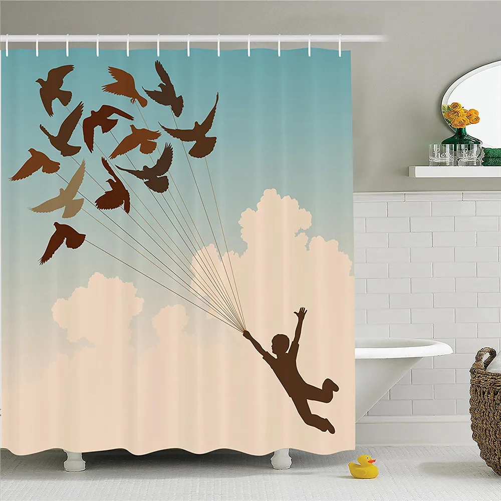 Flying Birds Decor Shower Curtain Set Silhouette Of A Boy Carried By Pigeons Inspiration Follow Your Dreams Print Home | Дом и сад