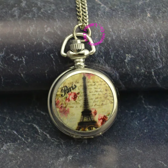 

wholesale good fashion lady girl child women mirror colorful yellow paris eiffel tower picture pocket watch necklace antibrittle