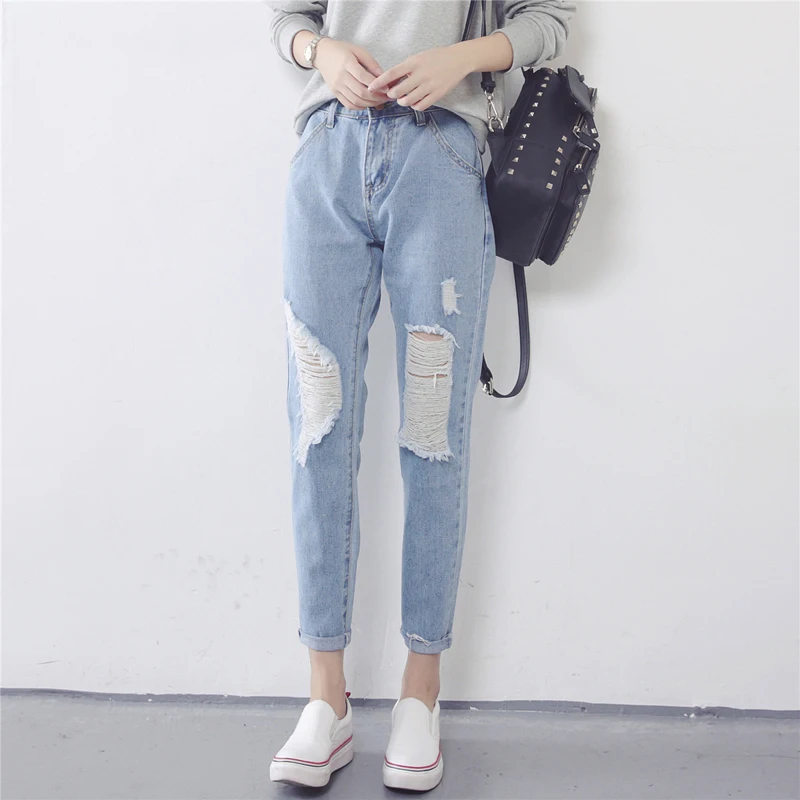 

2016 Autumn New Fashion Free Shipping  Personalized Hole Jeans High Waist Ankle-length Jeans for Female Show Slim