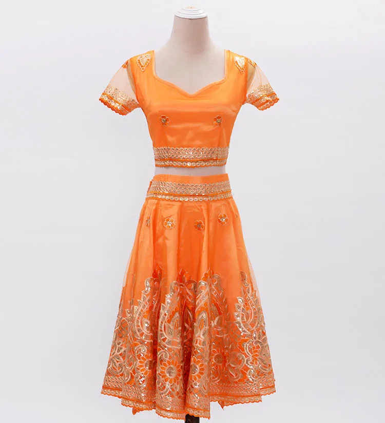 Женский восточный индийский танец живота большой подол блесток Топ вышитая юбка набор этнический стиль танец представление костюм - Color: Orange