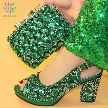 

2019 Spring Slingbacks New Special Style Italian Women Shoes Matching Bag Decorate with Rhinestone for Slipper in Teal