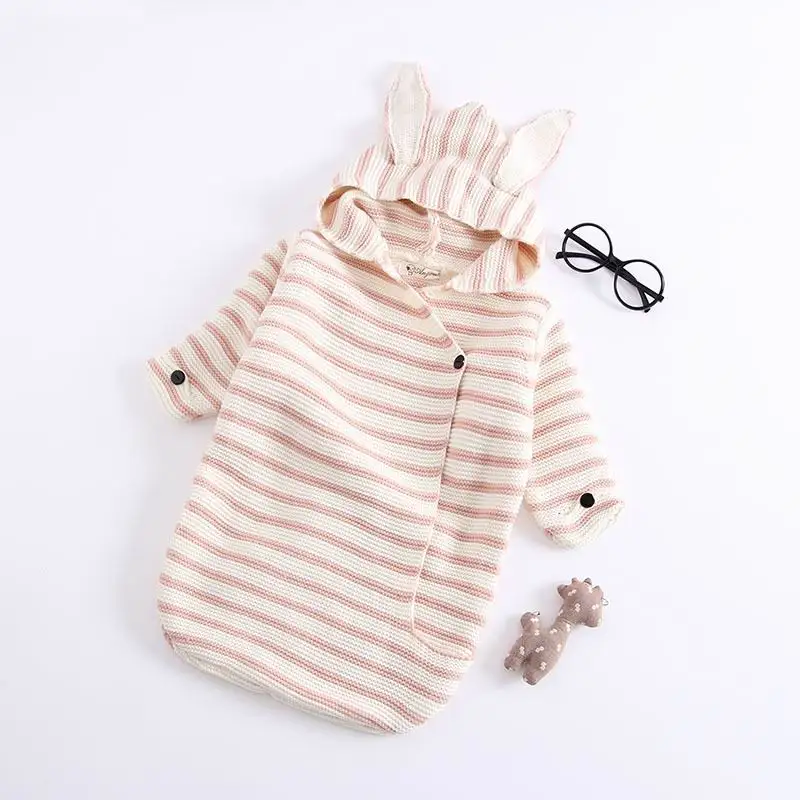 pink stripe Детская спальная сумка весна осень Вязаная новорожденная девочка заячьи ушки в полоску забавные пеленки Детская одежда J184261 - Цвет: pink stripe
