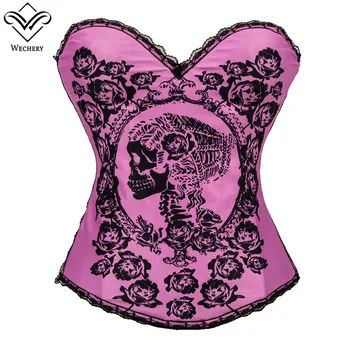 

Wechery Women Steampunk Corset Sexy Gothic Corselet Zipper Pink Printed Push Up Bustiers Gorset Korset Tops For Party Cosplay
