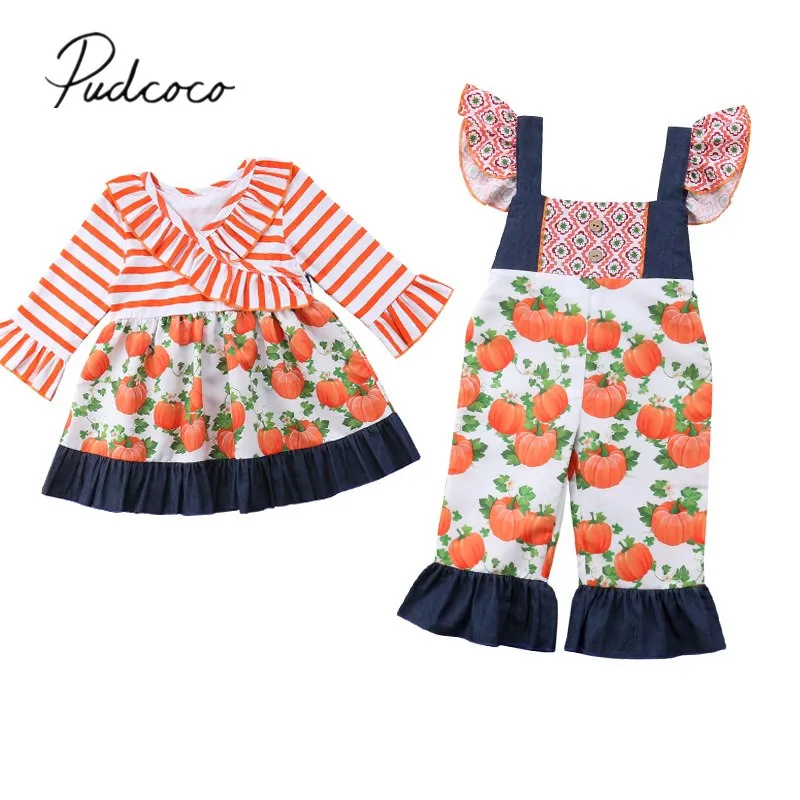 

2018 Brand New Halloween Novelty Toddler Girls Dress Romper Jumpsuits Ruffles Sleeve Pumpkin Print A-Line Dress 2 Style 6M-5Y
