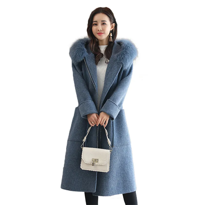 

Big Fur Collar Hooded Woolen Coat Female Lace Waist 2019 New Women's Winter Clothing Winter Woolen Jackets Ladies Overcoat N890
