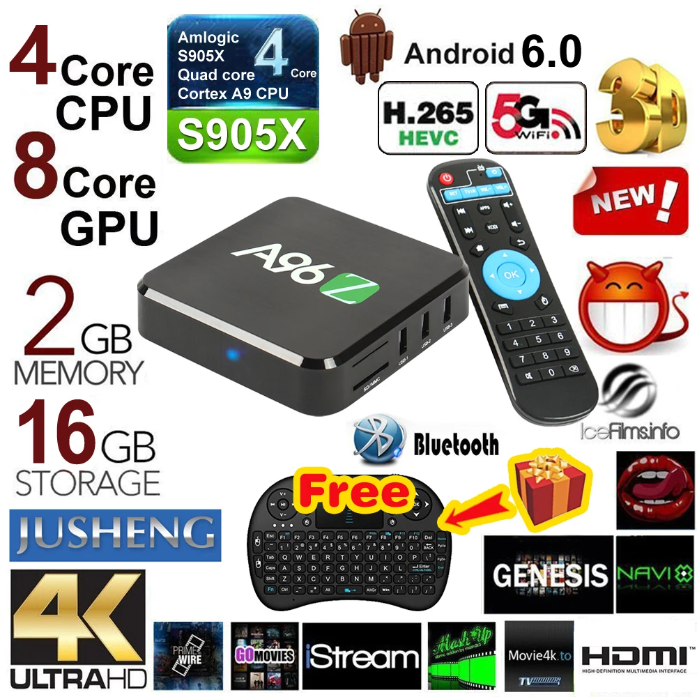 [Бесплатная клавиатура] a96z Android ТВ Box Amlogic s905x 4 ядра 6.0 2 ГБ/16 ГБ 2.0 WI-FI К 16.1 Потоковое