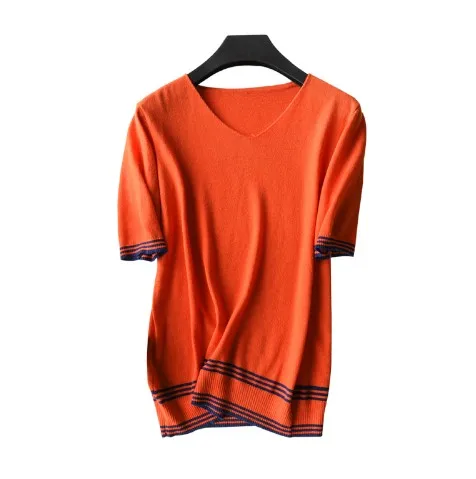 

Summer Women V-Neck Cashmere Blend Knitted Pullovers Short Sleeve Slim Style Jumper Knitwear Wool Sweaters Free shipping S1987