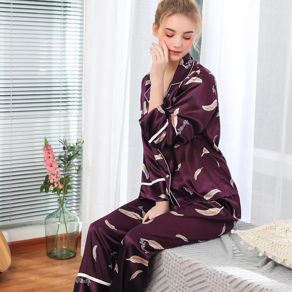 Новый Для женщин пижамы с длинным рукавом с отложным воротником длинные штаны ночное Атлас топ и штаны набор пижам Verano Mujer