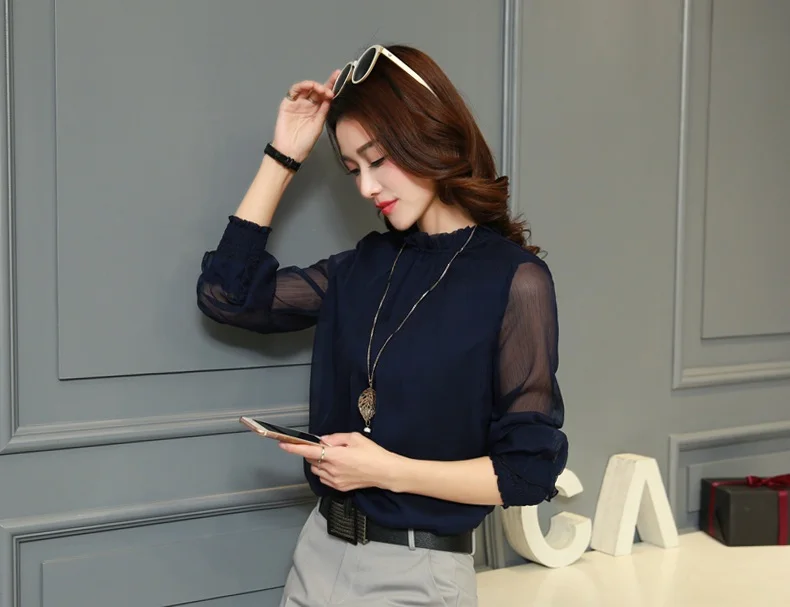 Chiffon Blouse New Women Tops Long Sleeve Stand Neck Work Wear Shirts Elegant Lady Casual Blouses women's blusas Plus size