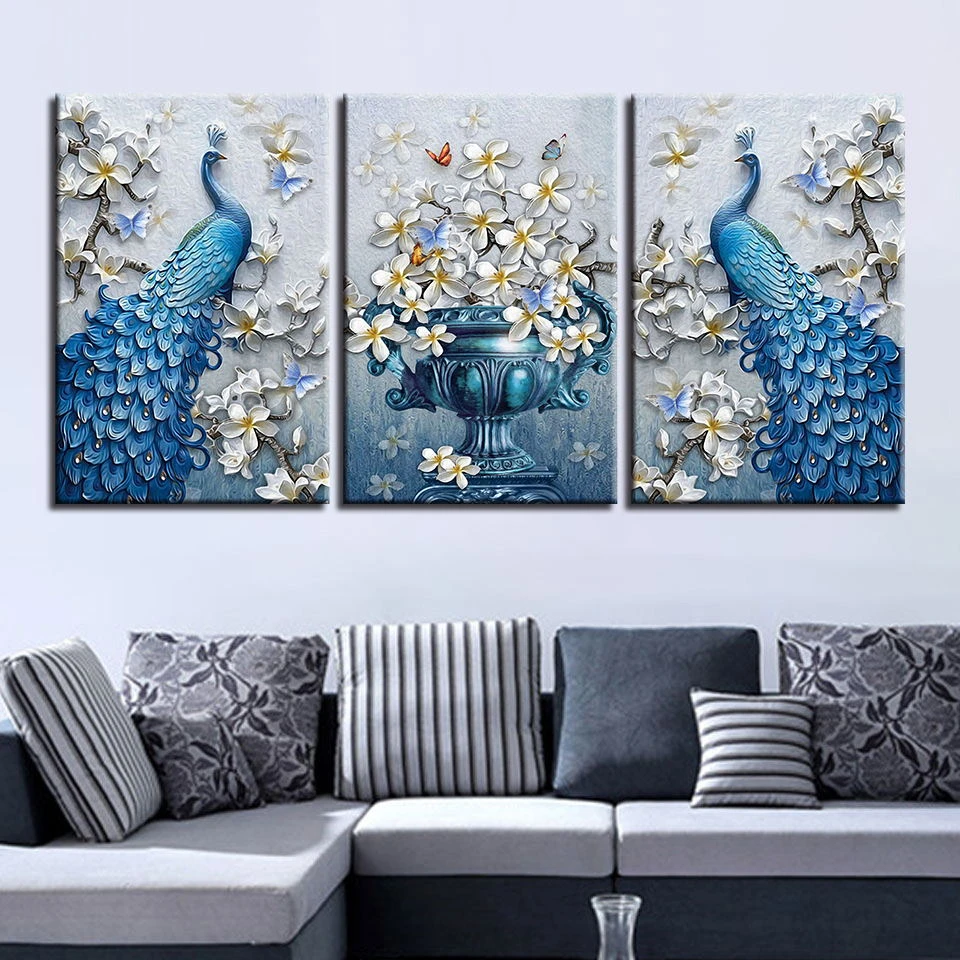 3 Piece Peacock Orchid Flowers Painting On Canvas Print Home Decoration