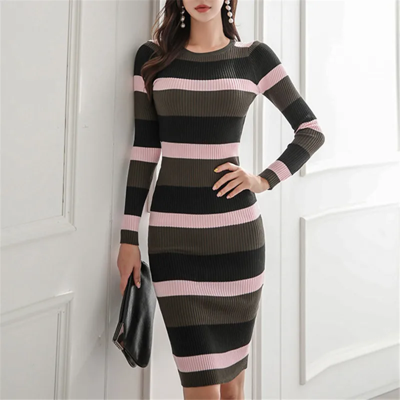

Fall O-Neck 2019 New Arrival Stripe Dresses Winter Women Fashion Feminino Elegant Female Knitted Dress Vestidos Office