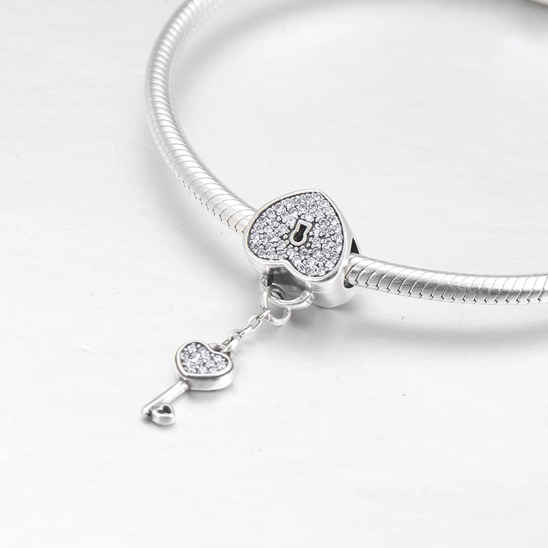 Valentine's Day Love key lock 925 Sterling Silver fashion Sparkling CZ Beads Fit Original Pandora Charm Bracelet Jewelry making